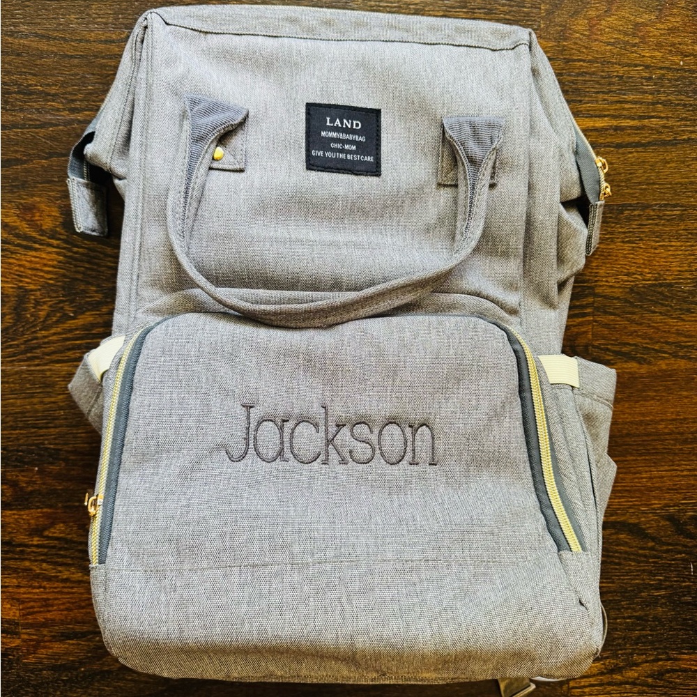 Monogrammed Jackson Gray Diaper Bag NWOT
